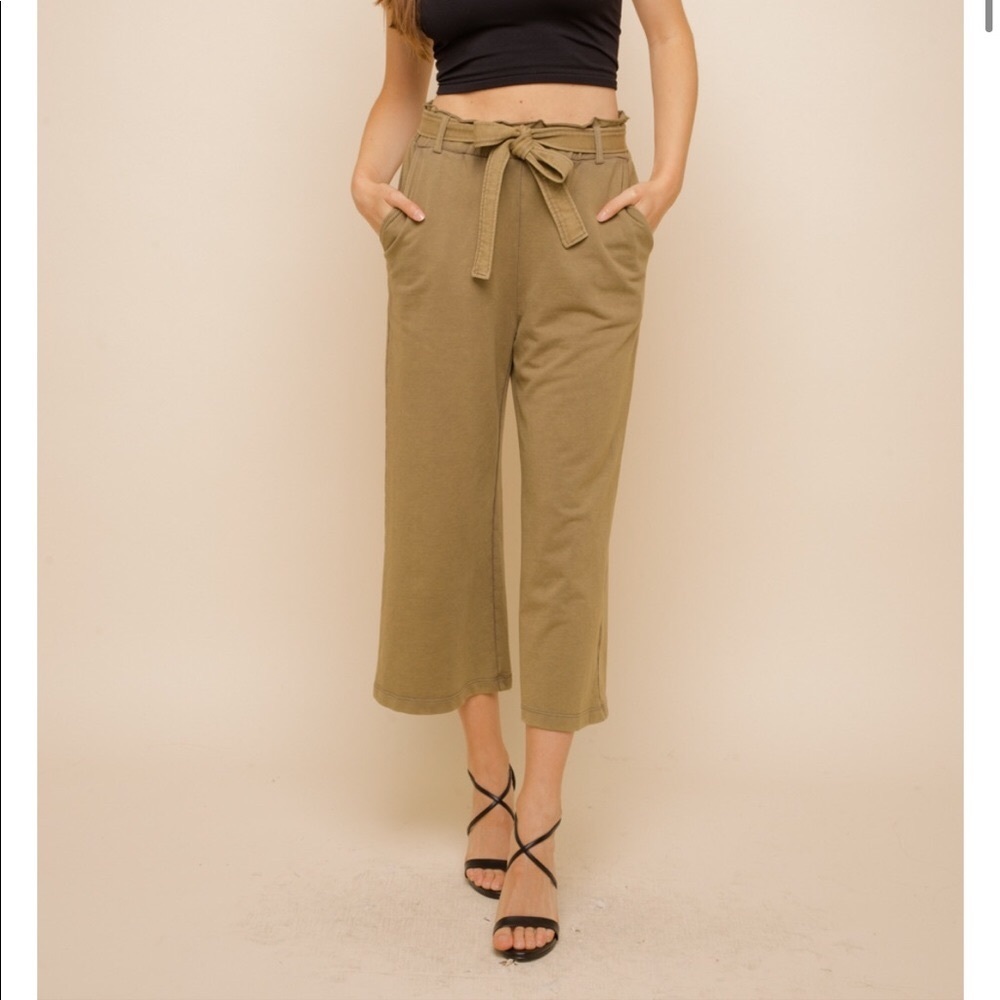 🆕Olive Green French Terry Paperbag Waist Tie High Waist Wide Leg Pants S,M & L - Picture 2 of 16